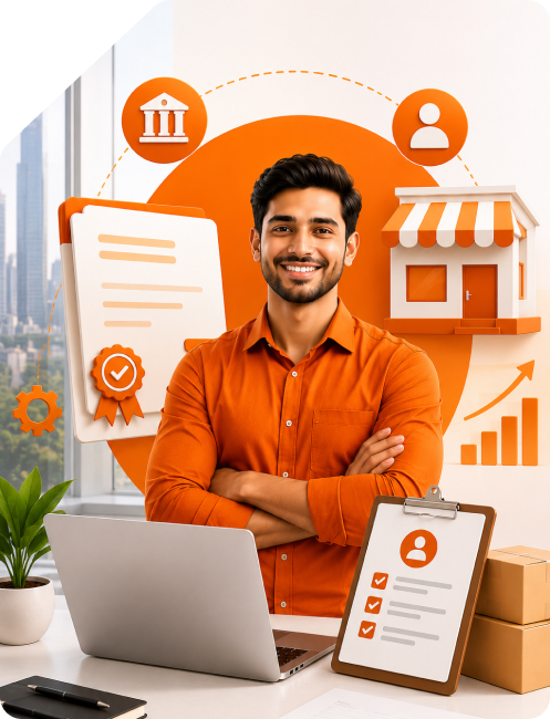 Smiling Indian entrepreneur standing with laptop surrounded by Sole Proprietorship Registration icons including verified document certificate, storefront, bank building, and growth graph