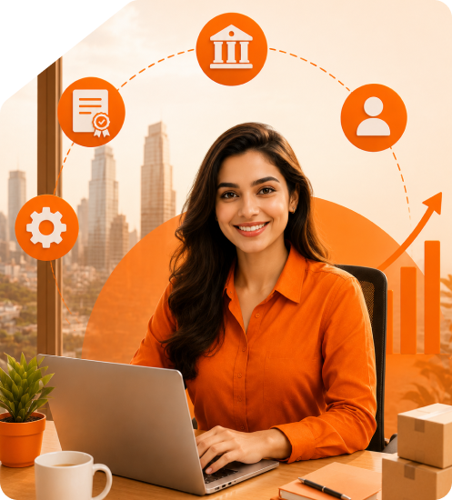 Smiling woman entrepreneur in orange shirt working on laptop with icons representing Sole Proprietorship Registration including government building, registration certificate, individual profile, and growth chart