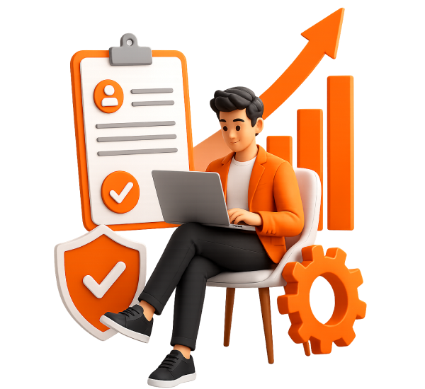 3D illustration of an entrepreneur working on a laptop surrounded by a compliance clipboard document, security checkmark shield, gear icon, and an upward growth bar chart for online Sole Proprietorship registration