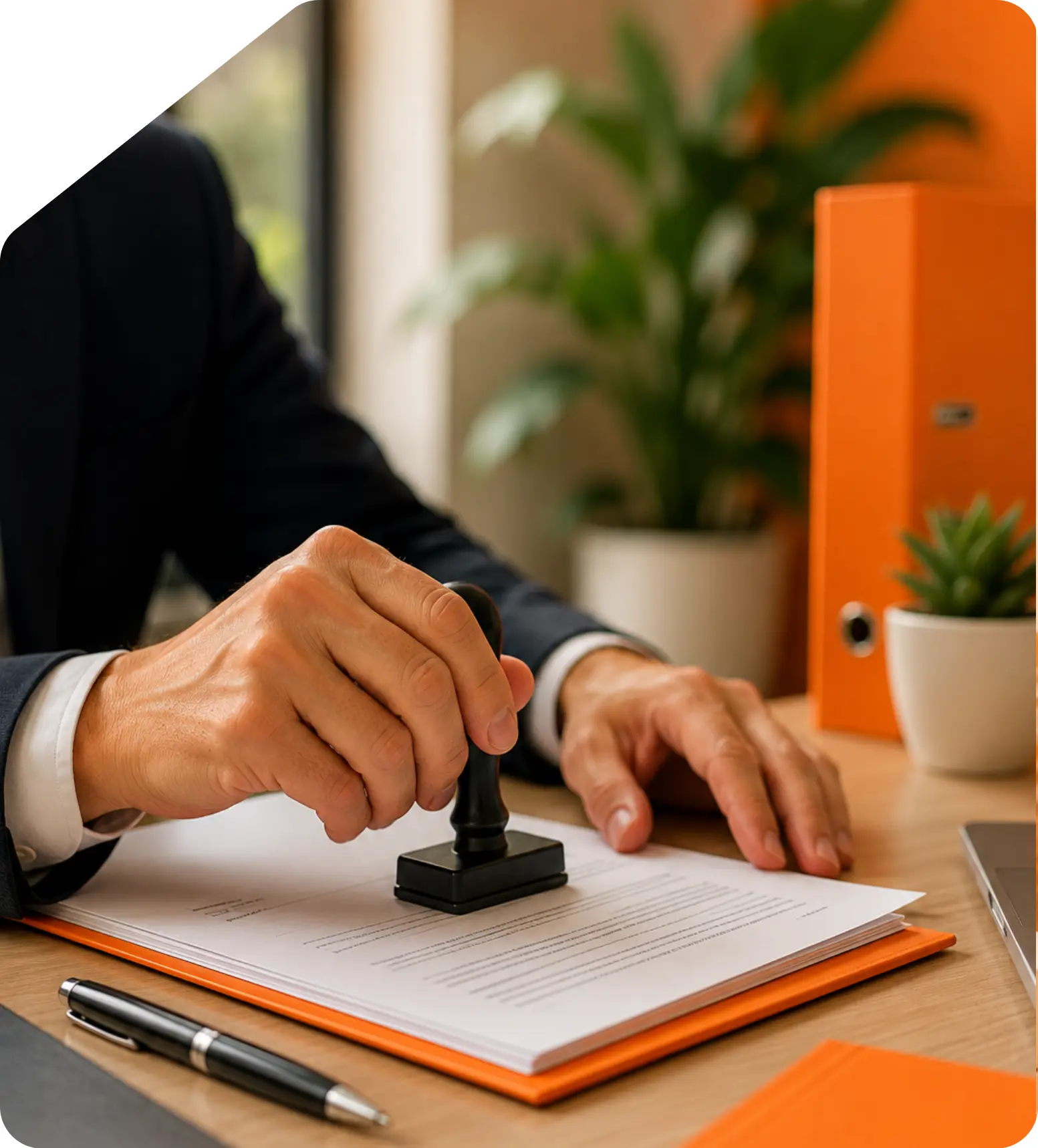 Close-up of a business professional stamping an official company registration document on an orange folder desk setup for Taxzex OPC registration services.