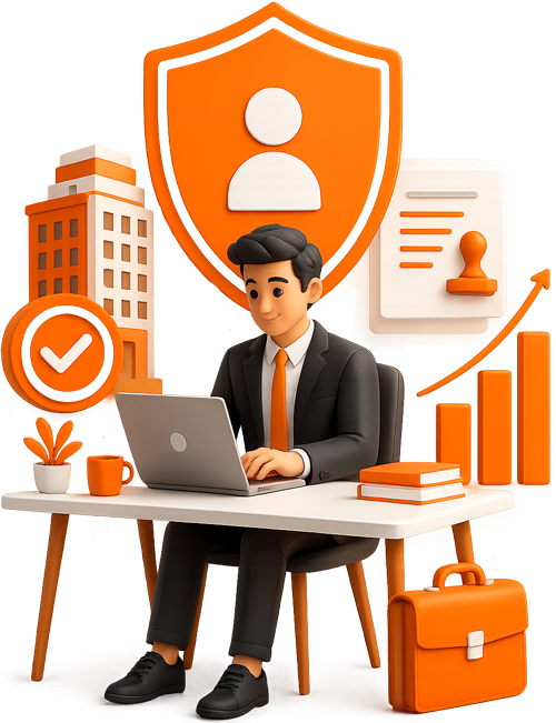 3D illustration featuring a solo male entrepreneur at a laptop desk setup with an orange user profile shield icon, verified checkmark badge, corporate building model, official registration paperwork, and growth arrow for Taxzex OPC incorporation services.