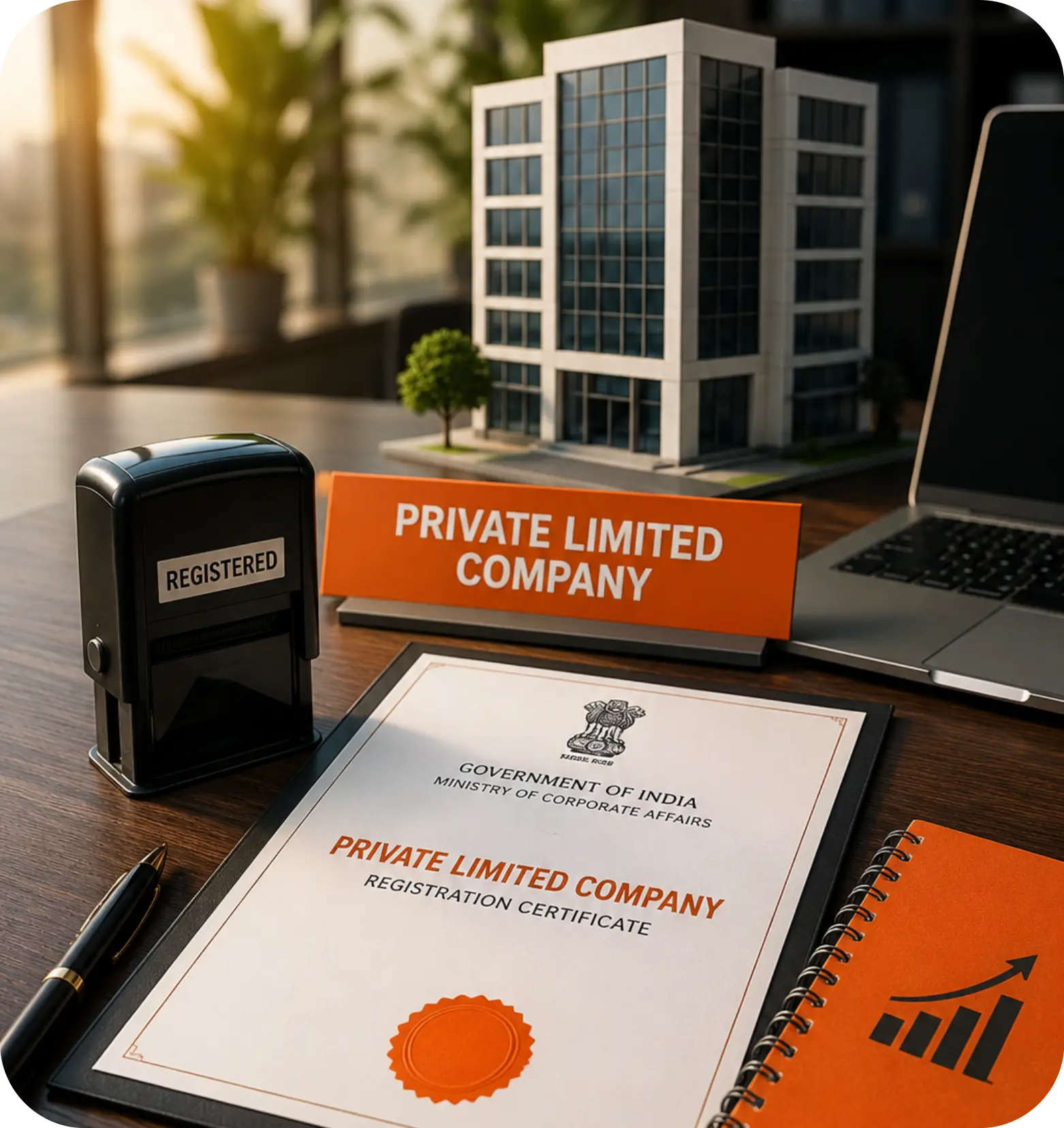 MCA Private Limited Company Registration Certificate displayed with an official government emblem, legal stamp, notebook, and corporate office building visual representing Taxzex incorporation services.