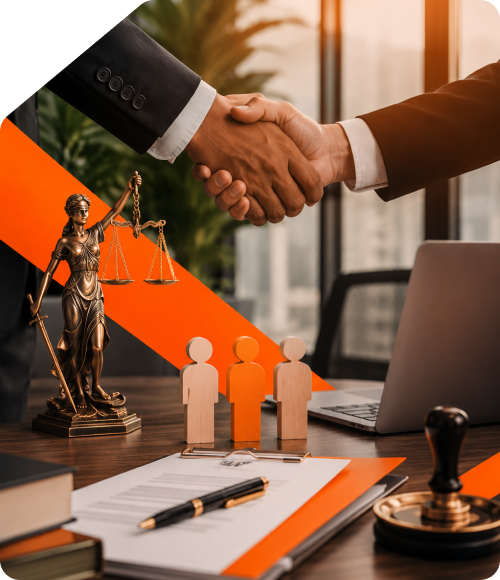 Two business partners shaking hands above a corporate desk featuring wooden partner figurines, a scale of justice, a laptop, and legal agreement paperwork for Taxzex LLP registration services.