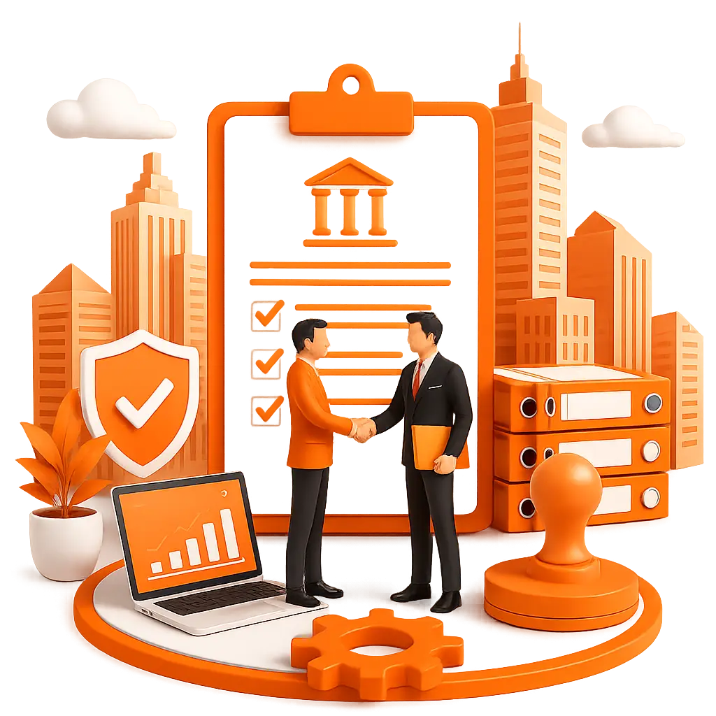 3D illustration of business partners shaking hands over a corporate registration document, laptop showing growth charts, official seal, and MCA legal compliance icons for Taxzex Private Limited Company Incorporation.
