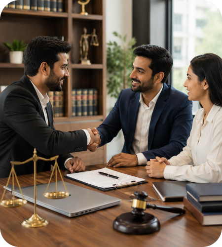 Three corporate professionals shaking hands over a desk with legal scales of justice, a gavel, and agreement paperwork next to the "What is Limited Liability Company?" section for Taxzex LLP registration services.