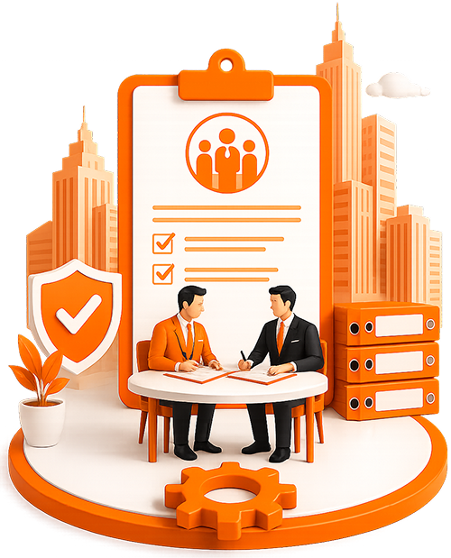 3D illustration of two business partners signing an agreement at a desk with an orange legal clipboard, verification shield, corporate buildings, and file folders for Taxzex LLP registration.