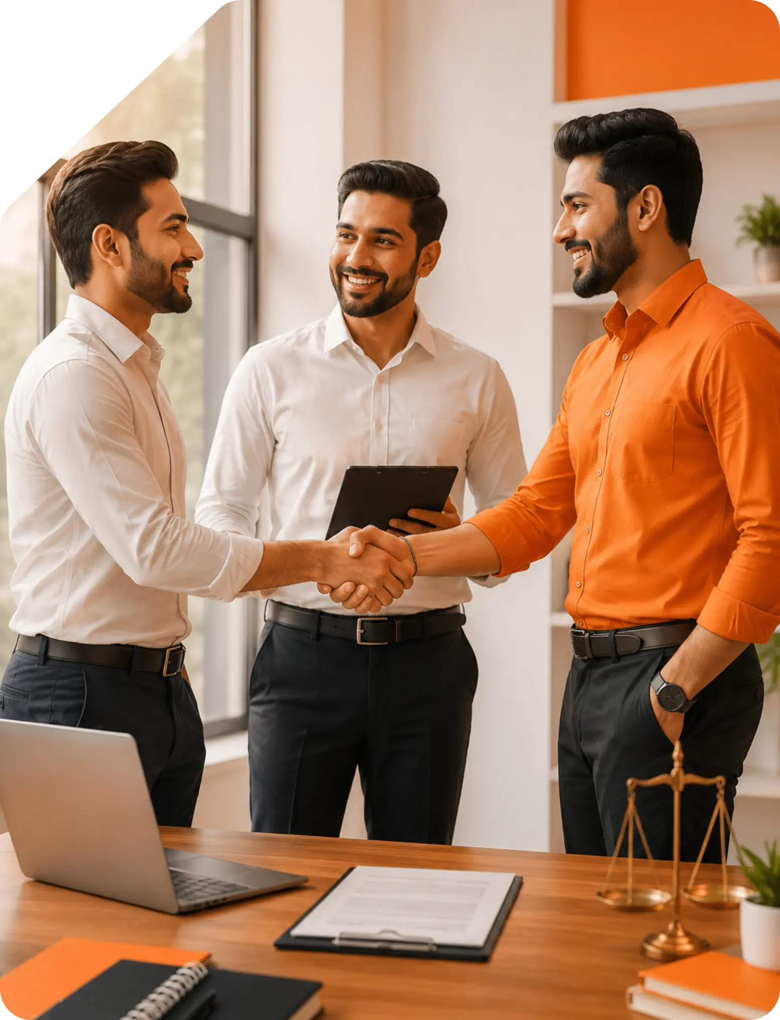 Three male business partners shaking hands in a modern office next to a corporate desk with a laptop, agreement folder, and scale of justice for Taxzex partnership firm registration services.