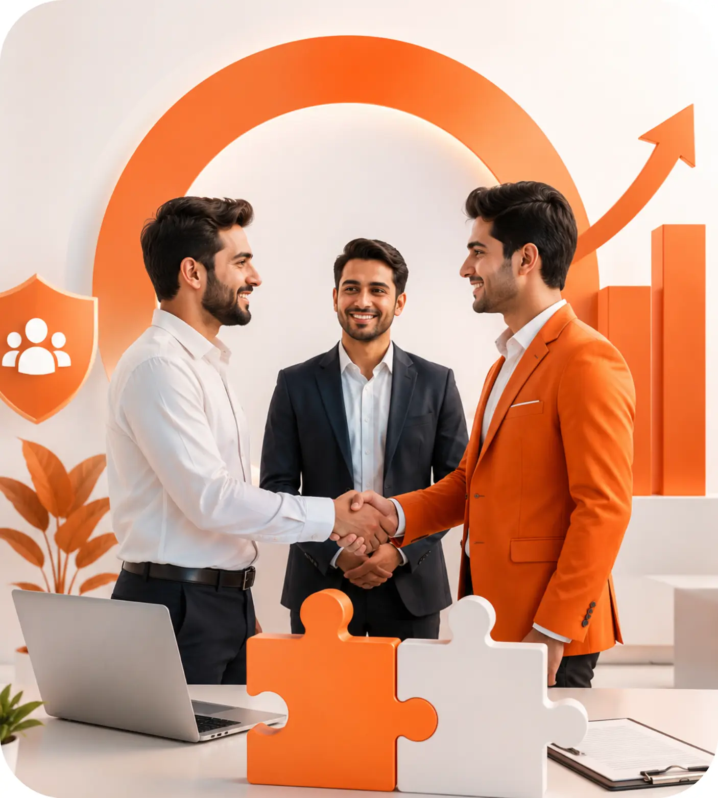 Three business partners shaking hands around an orange puzzle piece and laptop desk setup with a growth arrow and orange background arch for Taxzex partnership firm registration services.