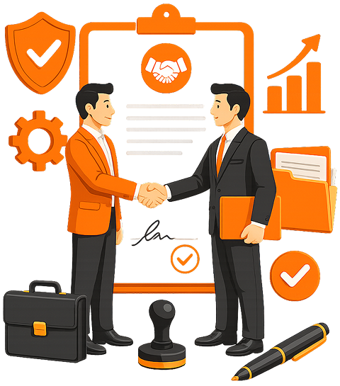 Illustration featuring two business partners shaking hands in front of an approved legal document, accompanied by a verification shield, briefcase, legal stamp, and growth chart for Taxzex partnership firm registration services.