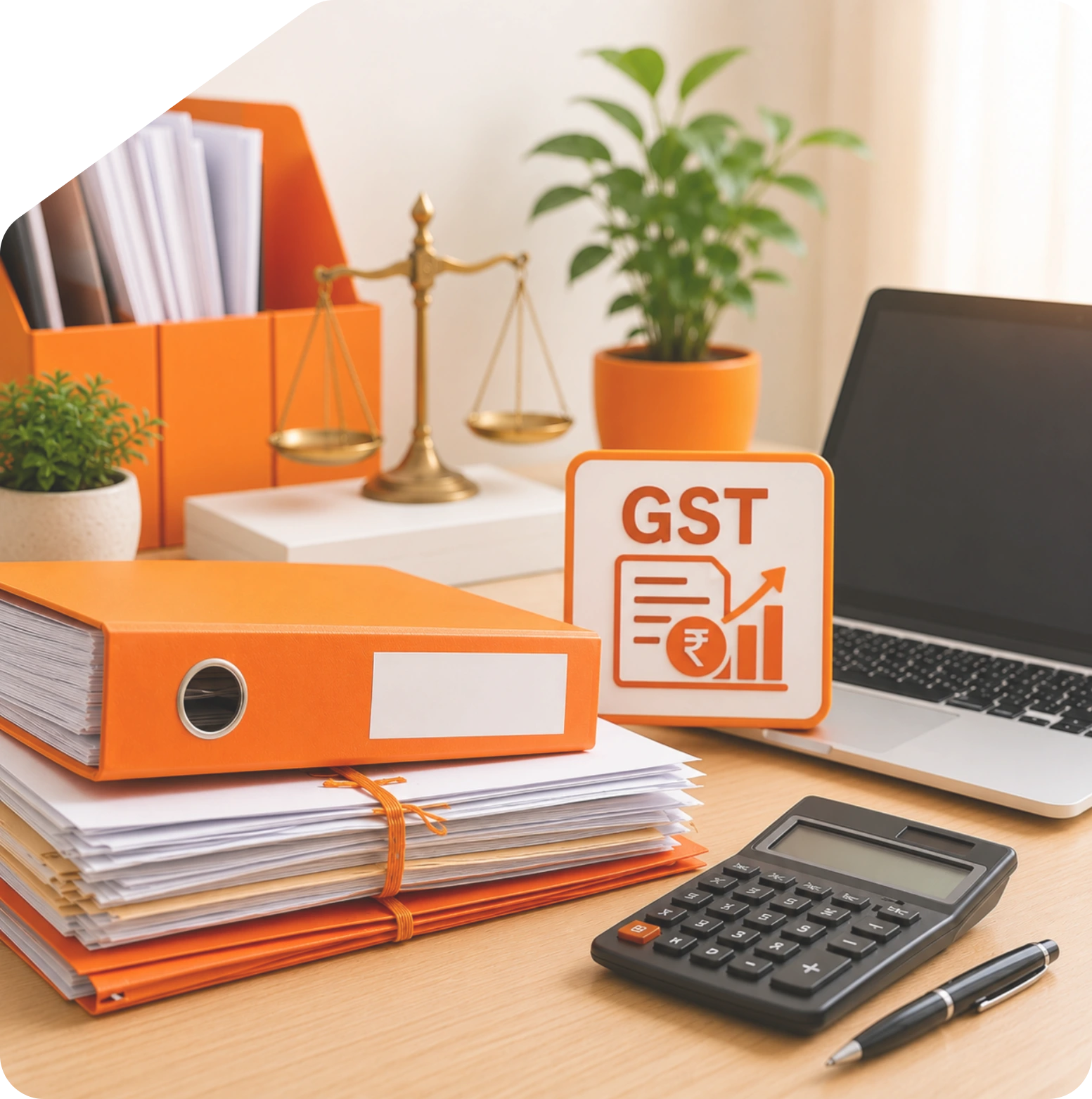 Desk setup featuring stacked orange tax binders, legal scale of justice, laptop, calculator, pen, and an orange GST icon representing Taxzex online GST registration services.