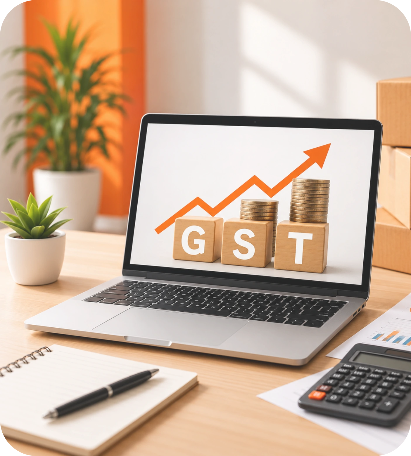 Desk setup with a laptop displaying an upward-trending arrow and wooden GST letter blocks, accompanied by stacked coins, a calculator, notepad, and pen for Taxzex GST registration services.