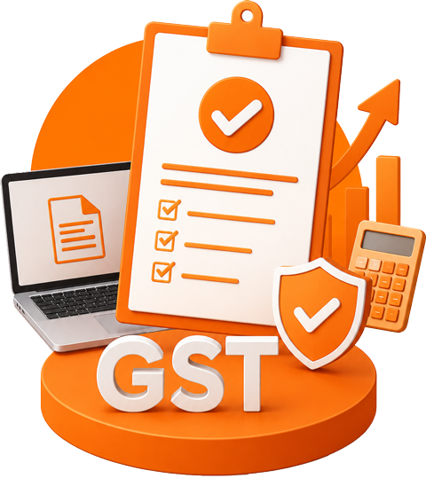 3D illustration featuring a GST text block, application checklist clipboard, laptop, verification checkmark shield, calculator, and growth arrow for Taxzex online GST registration services.