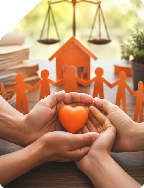 Corporate hero background featuring a house shape silhouette cut out, people holding hands, and a young plant growing in soil for Taxzex online NGO registration services.