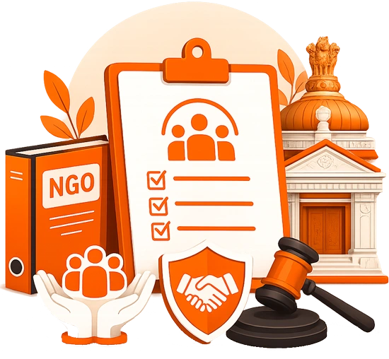 3D illustration of an orange NGO file binder, approved compliance clipboard, hands holding community figures, a verification shield, judge's gavel, and government court building for Taxzex NGO registration services.