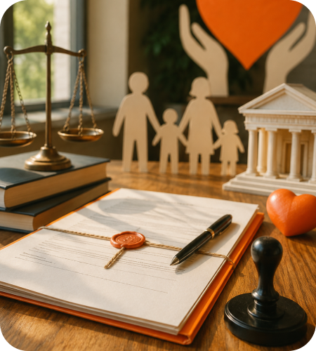 Sealed trust deed binder with legal scale, stamp, and wooden family cutout for trust registration in India