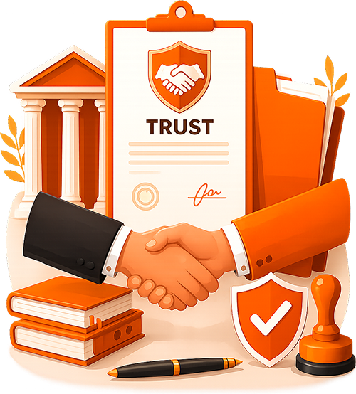 Handshake illustration next to an official trust deed clipboard, legal building, and registration stamp