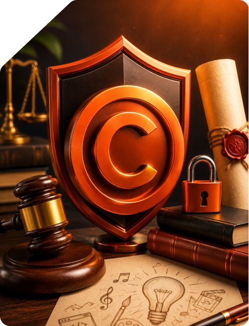 Copyright symbol shield with legal gavel, padlock on books, and creative sketches for intellectual property protection in India