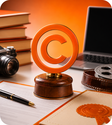 Orange 3D copyright symbol beside books, camera, pen, and film reel on office desk