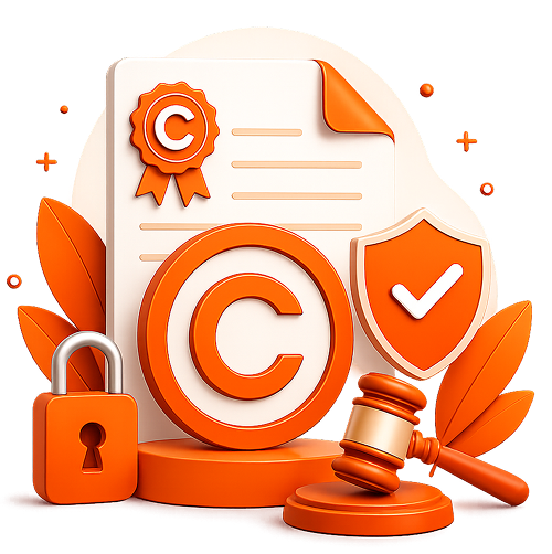 3D copyright symbol with legal ribbon certificate, padlock, security shield, and legal gavel
