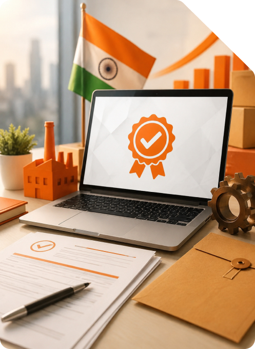 Laptop screen displaying an orange verified badge badge next to an official document, Indian flag, factory model, and growth chart for Taxzex online MSME registration services.