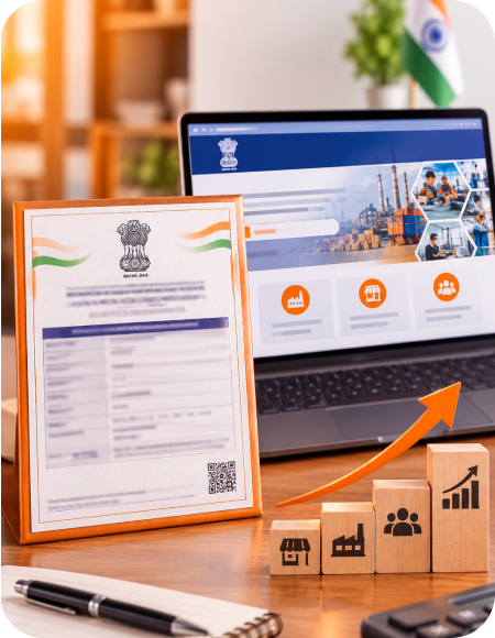 Official Udyam registration certificate in an orange frame set beside a laptop displaying the government portal, wooden blocks with business icons, and a growth chart for Taxzex MSME registration services.