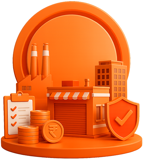 3D orange illustration of a storefront, factory smoke stacks, stacks of Indian Rupee coins, an approved checklist clipboard, and a checkmark verification shield for Taxzex MSME registration services.