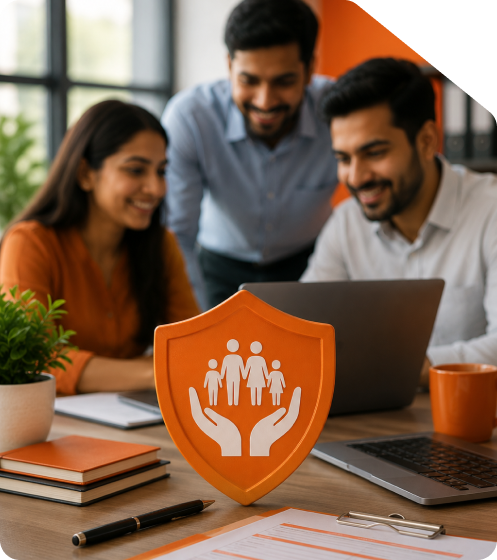 Business team using laptop with orange employee insurance shield symbol for ESI registration in India