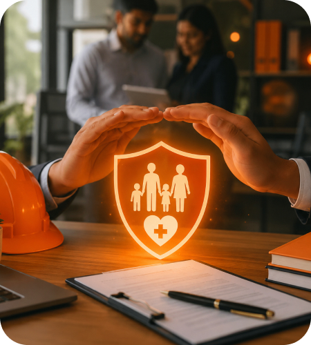 Glowing insurance shield icon with hands protection and safety hardhat for ESI registration under ESIC Act in India