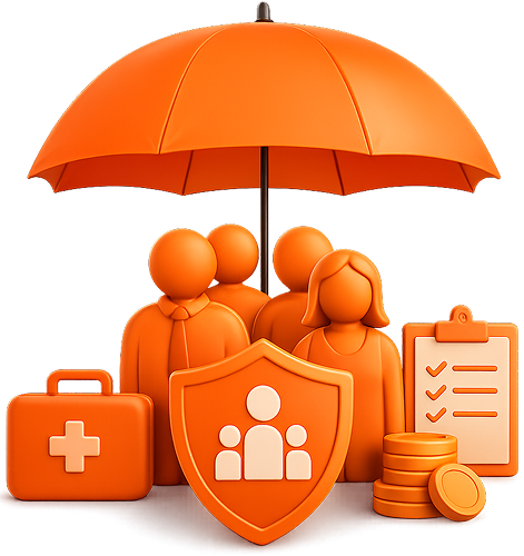 Orange employee figures sheltered under a protective umbrella beside a medical first aid kit, family shield, and clipboard checklist