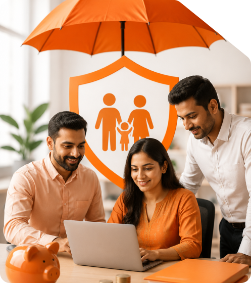 Business team working on a laptop with a piggy bank and a family protection shield under an umbrella representing EPF and Provident Fund Registration
