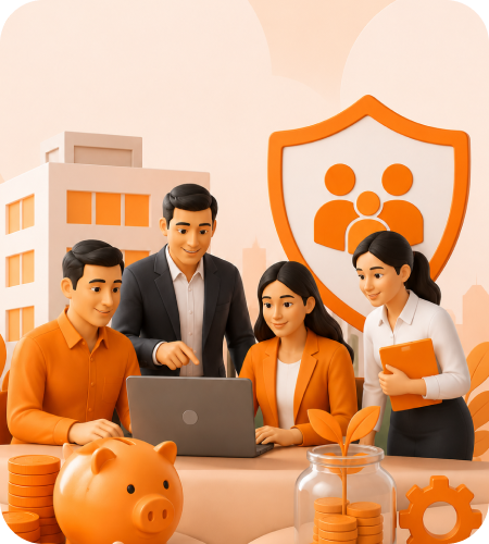 3D illustration of a business team reviewing documents on a laptop, a piggy bank, plant jar, and family protection shield background representing EPF registration in India