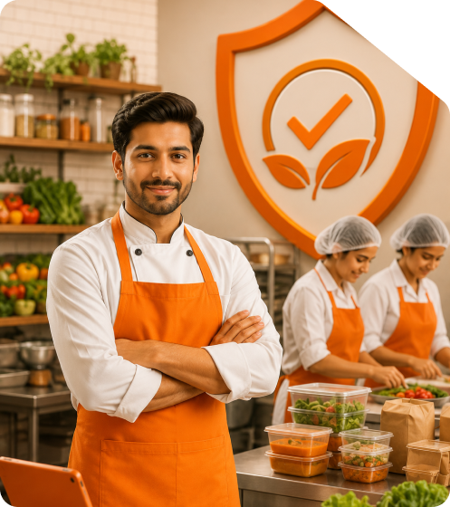 Smiling male chef standing with arms crossed in a professional kitchen with food safety shield icon representing online FSSAI food license registration in India