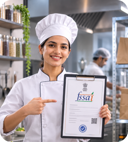 Female chef in white uniform and hat pointing to an official FSSAI food license certificate on a clipboard inside a professional kitchen