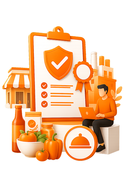 3D illustration of an FSSAI compliance clipboard document with food safety shield, food items, store front, and business owner on a laptop representing fast-track FSSAI registration