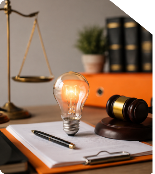 Glowing lightbulb sitting next to a judge's wooden gavel, scales of justice, and document clipboard representing legal Patent Registration in India