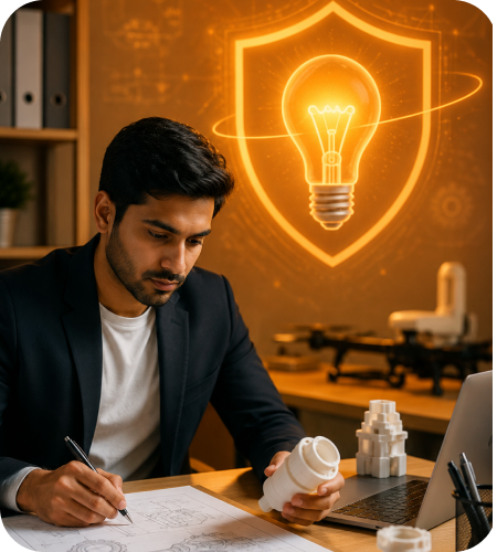 Male inventor reviewing engineering blueprints at workspace with glowing lightbulb shield icon representing Patent Registration Online in India