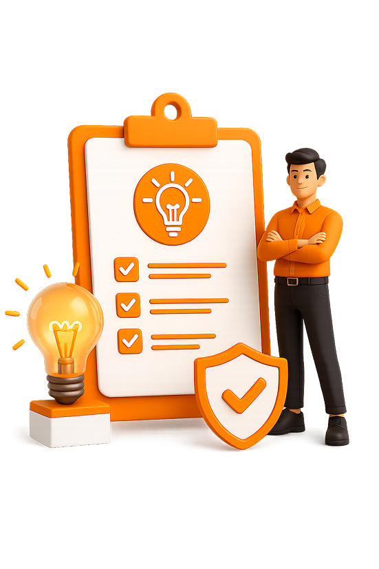 3D illustration of an orange clipboard document with checkmarks, glowing lightbulb, security shield, and standing male legal expert representing fast-track Patent Registration in India
