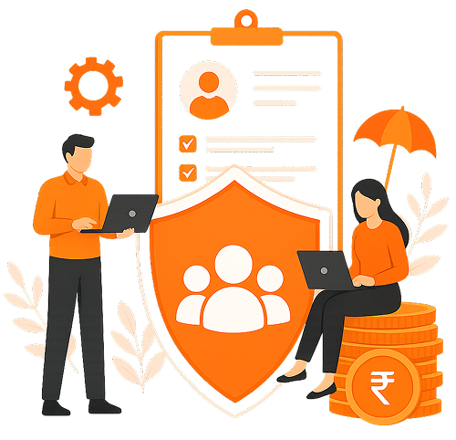 Vector illustration of a business team working on laptops alongside a compliance checklist clipboard, family security shield, umbrella, and gold rupee coins for EPF registration in India