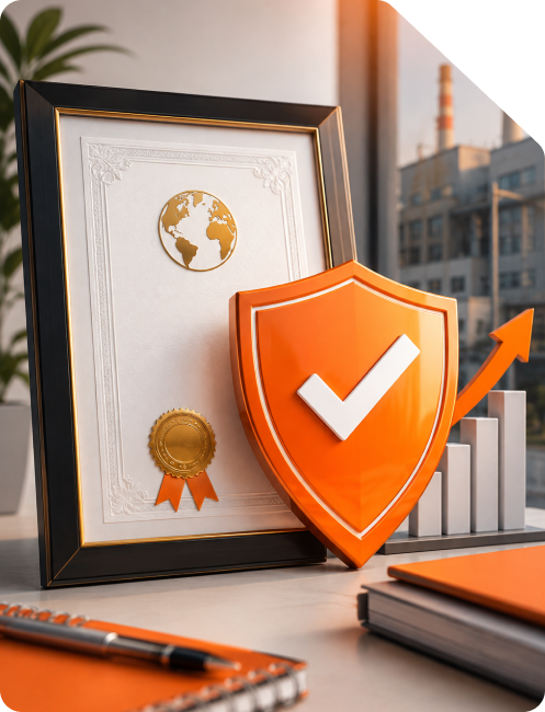 Framed ISO certificate with golden seal stamp, orange security shield checkmark icon, and business growth graph representing ISO Certification Registration in India