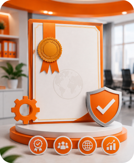 3D illustration of an ISO certificate with golden seal stamp, orange security checkmark shield, gear icon, and global compliance badges for business registration in India