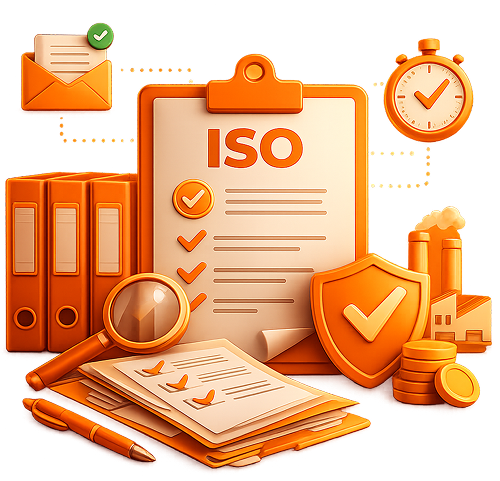 3D illustration of an ISO compliance clipboard with document, magnifying glass, orange office binders, security shield, and fast-track stopwatch timer