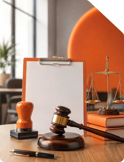 Judge's wooden gavel resting on a desk next to scales of justice, legal rubber stamp, and clipboard document representing Shop and Establishment Act License registration