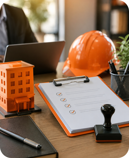 Commercial building miniature model placed next to a safety hardhat, legal compliance clipboard checklist, rubber stamp, and laptop representing Shop and Establishment Act Registration