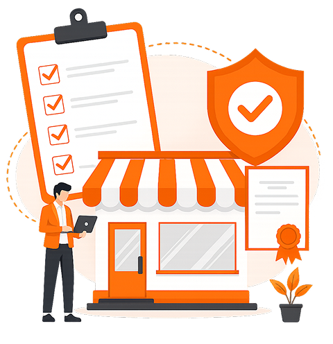 Vector illustration of a business owner standing outside a store front with laptop, compliance checklist clipboard, security shield badge, and official registration certificate for Shop and Establishment Act