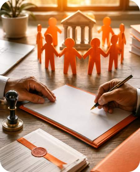 Hands signing society registration legal document next to an official rubber stamp, red ribbon certificate, and orange paper cutout people figures representing non-profit organization members