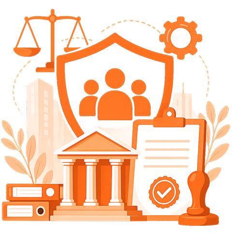 Illustration of scales of justice, security shield with member icons, government building, and registration documents for Online Society Registration in India
