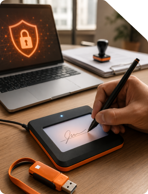 Person signing documents electronically using a digital signature pad and secure USB token for online DSC registration