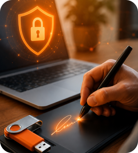 Hand using stylus to electronically sign a document on a digital signature pad with a glowing security shield icon on a laptop screen and a USB token for Class 3 DSC