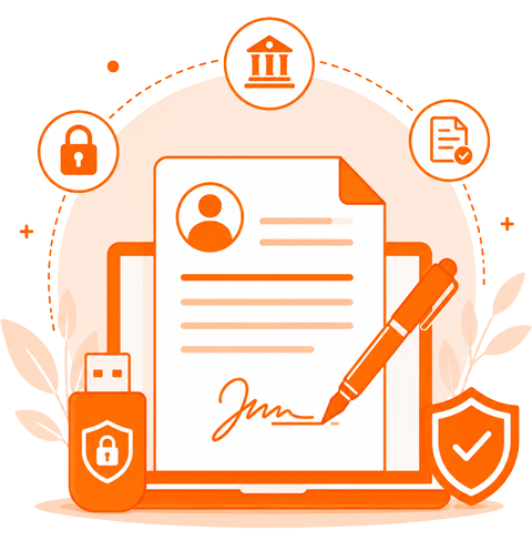 Illustration of a digital signature certificate document on a laptop screen with security lock icons, government building symbol, and a pen signing electronically