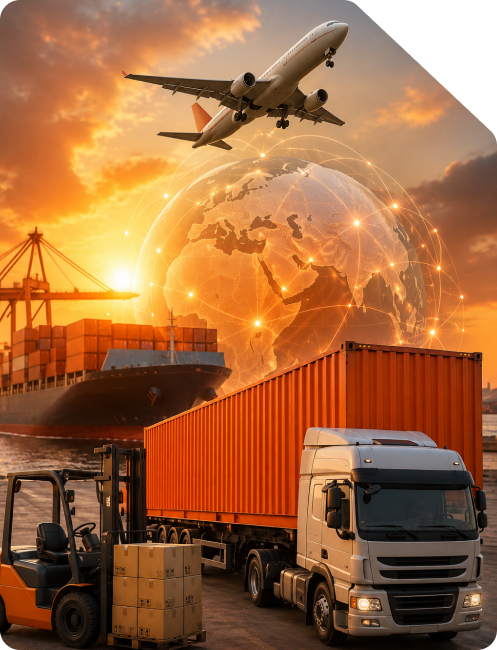 Cargo ship, airplane, forklift loading shipping containers, and transport truck surrounding a glowing digital globe representing global trade and IEC registration in India